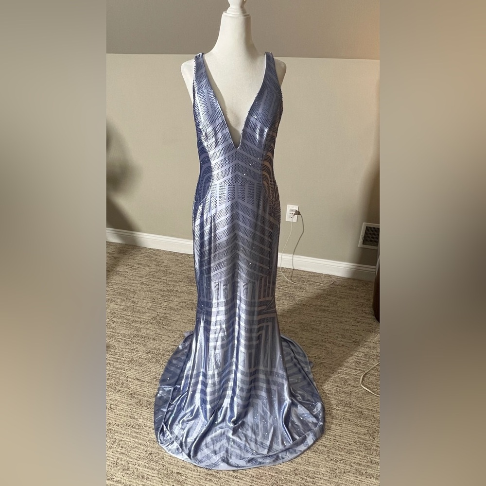 Faviana Shimmering Blue Geometric Gown. Size 12. Fits like 6-8 size